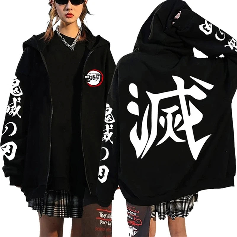 Fashion Anime Cartoon Demon Slayer Pattern Print Sweatshirt Men Women Fall Winter Casual Loose Harajuku Fleece Zipper Hoodie