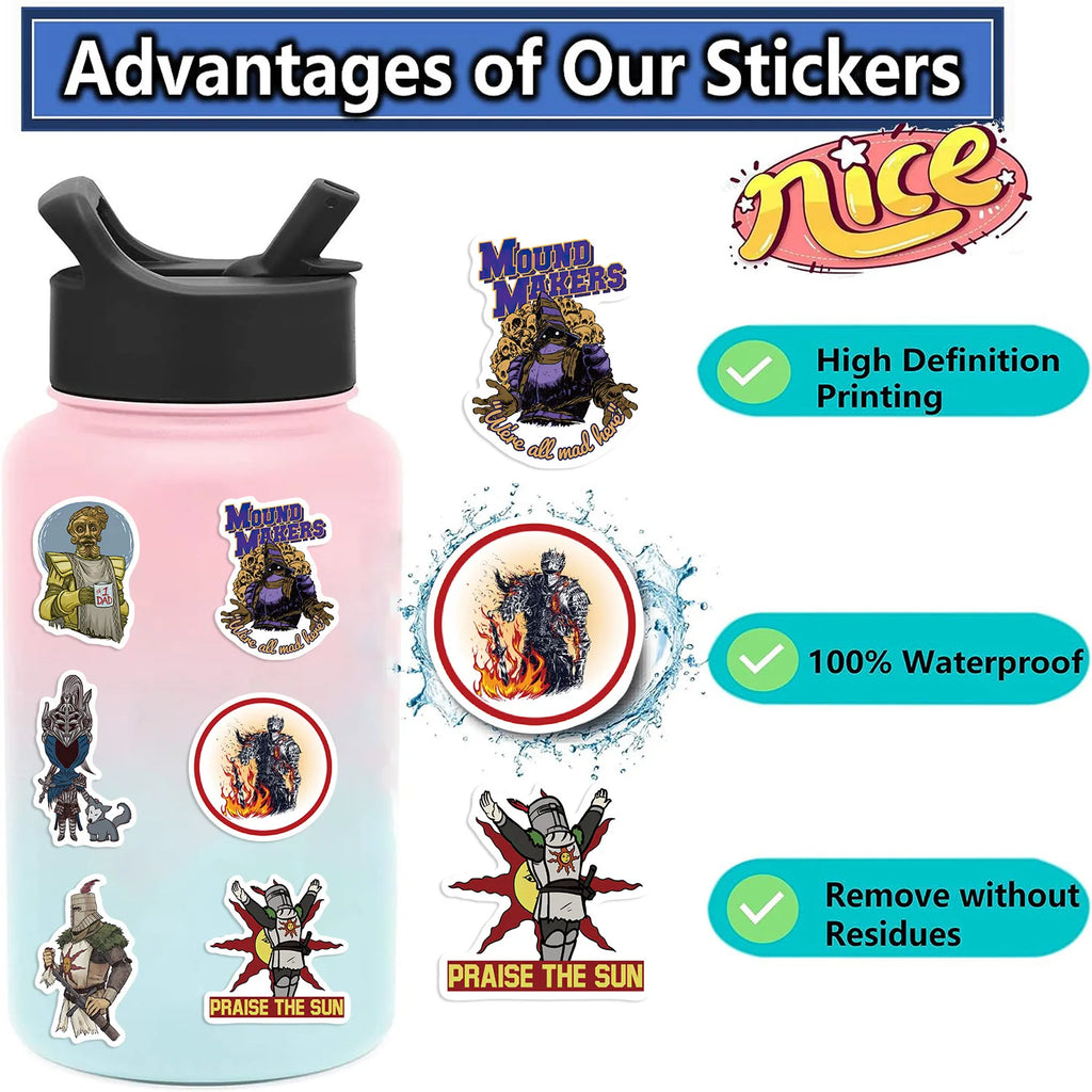 50Pcs Dark Souls Stickers Pack, Cool Game Vinyl Waterproof Decals for Water Bottle,Skateboard,Laptop,Phone,Scrapbooking