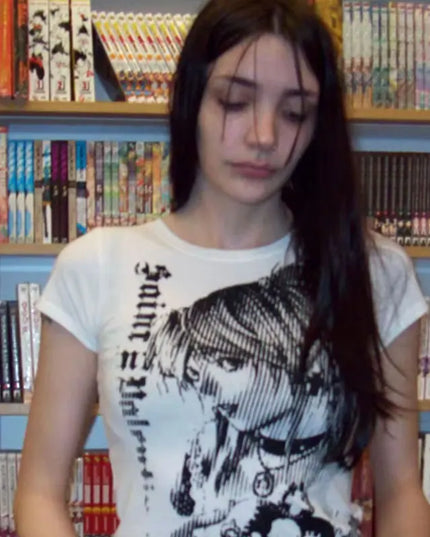 Y2k anime Streetwear O-neck 90s Text Printing Tops Women Harajuku Clothes Simple Vintage Crop Tee Aesthetic emo Casual T-shirt