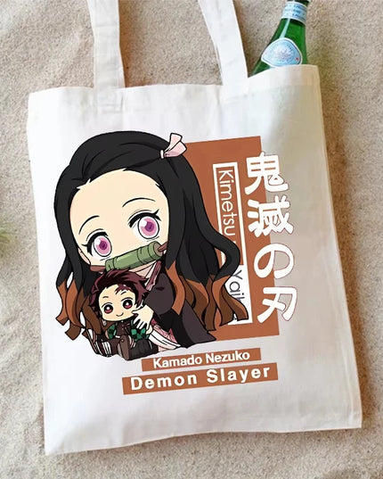 Demon Slayer Canvas Shoulder Bag Anime Cartoon Printed Storage Bags Large Capacity Student Stationery Eco Handbag Birthday Gifts
