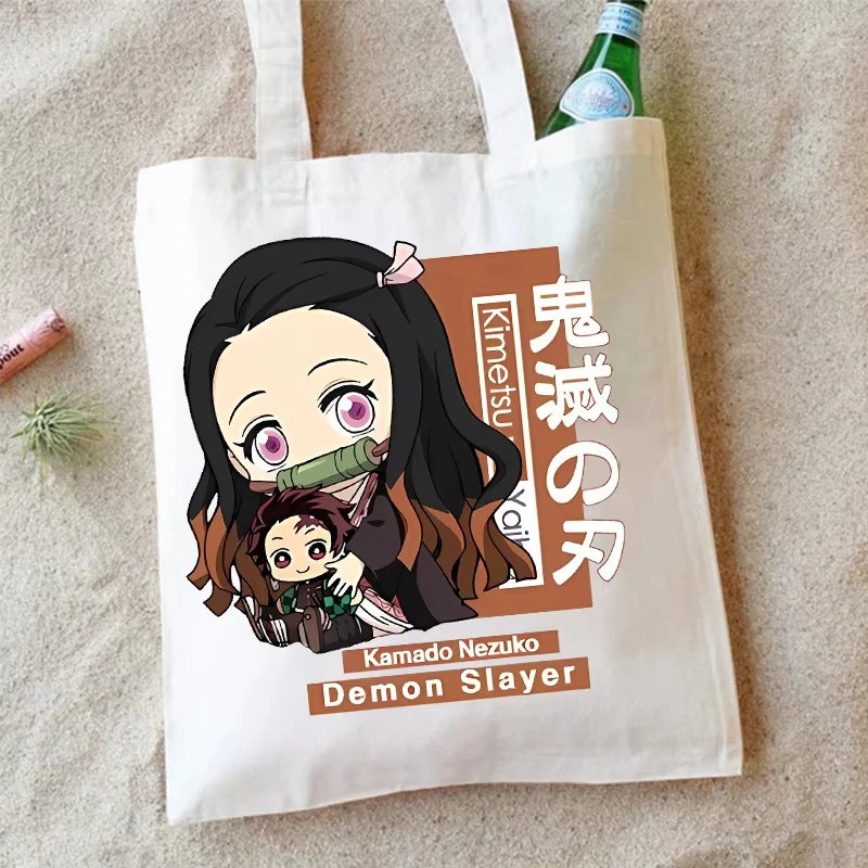 Demon Slayer Canvas Shoulder Bag Anime Cartoon Printed Storage Bags Large Capacity Student Stationery Eco Handbag Birthday Gifts