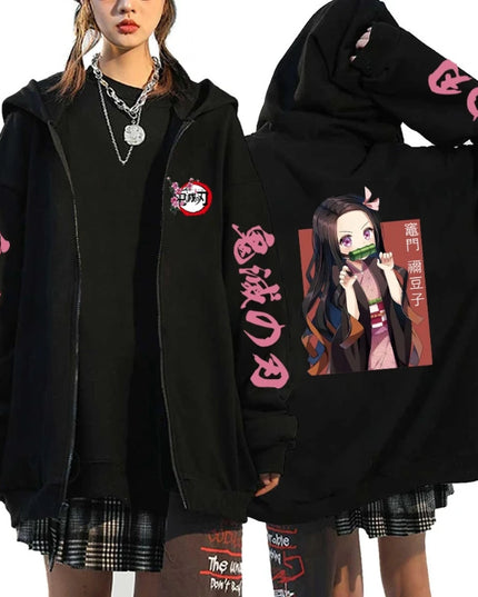 Fashion Anime Cartoon Demon Slayer Pattern Print Sweatshirt Men Women Fall Winter Casual Loose Harajuku Fleece Zipper Hoodie