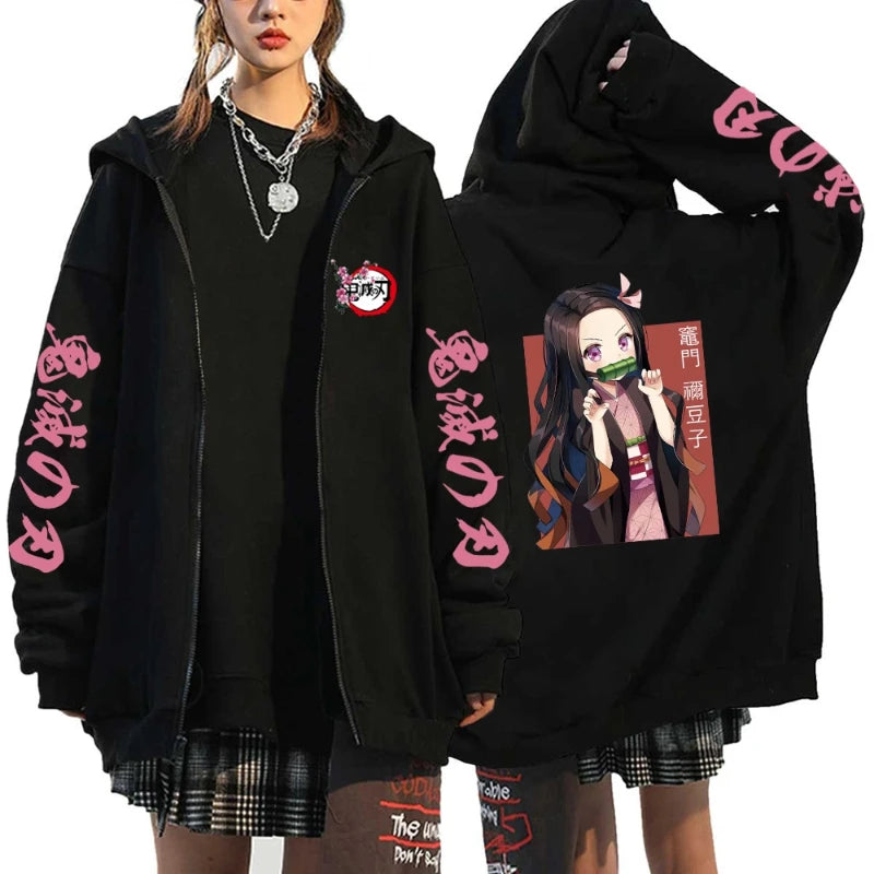 Fashion Anime Cartoon Demon Slayer Pattern Print Sweatshirt Men Women Fall Winter Casual Loose Harajuku Fleece Zipper Hoodie