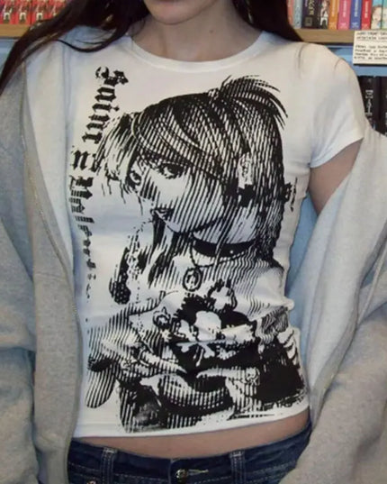 Y2k anime Streetwear O-neck 90s Text Printing Tops Women Harajuku Clothes Simple Vintage Crop Tee Aesthetic emo Casual T-shirt