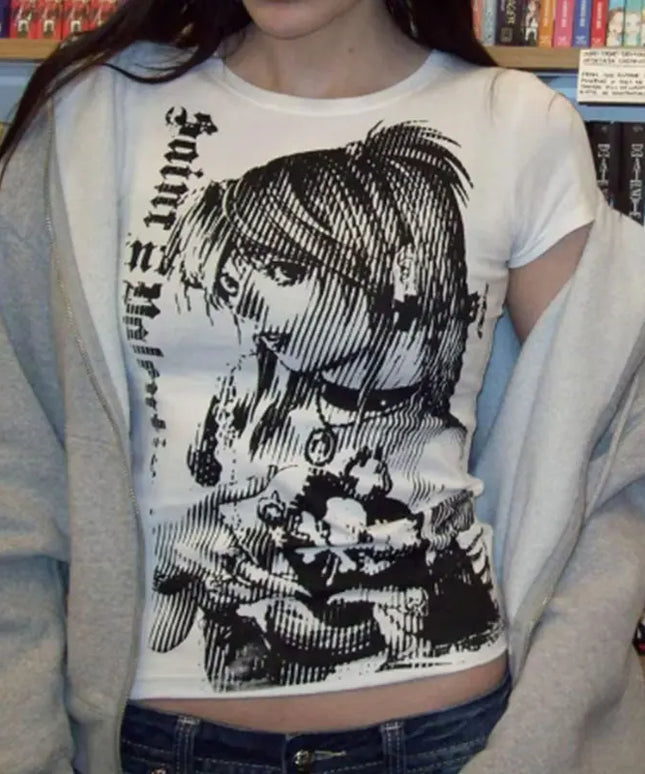Y2k anime Streetwear O-neck 90s Text Printing Tops Women Harajuku Clothes Simple Vintage Crop Tee Aesthetic emo Casual T-shirt