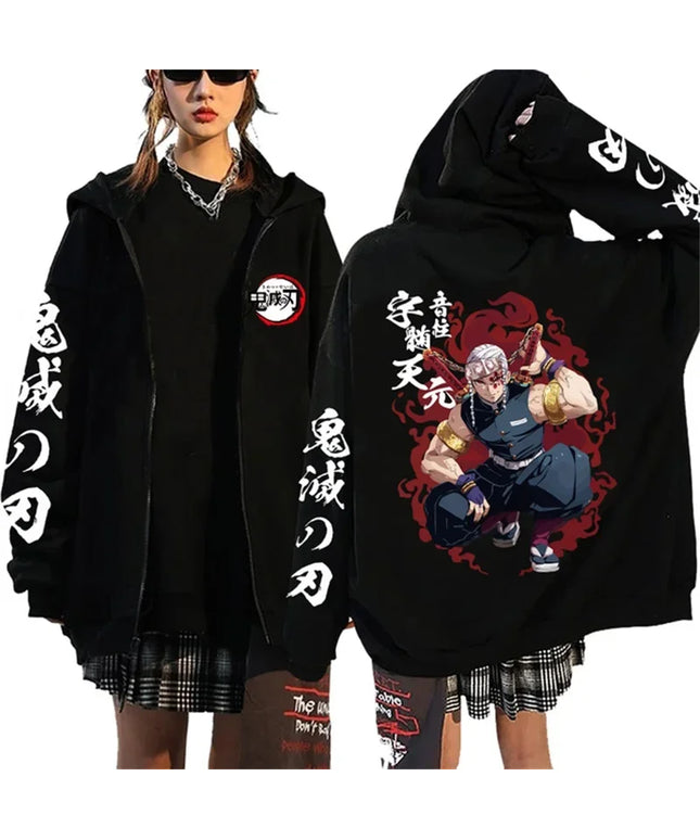 Fashion Anime Cartoon Demon Slayer Pattern Print Sweatshirt Men Women Fall Winter Casual Loose Harajuku Fleece Zipper Hoodie