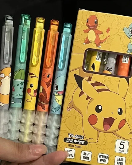 5pcs Pokemon Pikachu Gel Pen Cute Anime Cartoon Charmander Squirtle Press on Gel Pen Stationery School Supplies Holiday Gifts