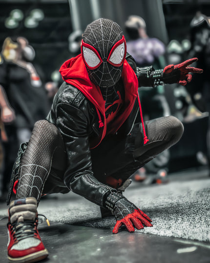 Marvel Miles Black Spiderman Costume - Unisex Halloween Cosplay Suit for Men and Women - Full Body Spandex Jumpsuit with Mask and Web Pattern Design